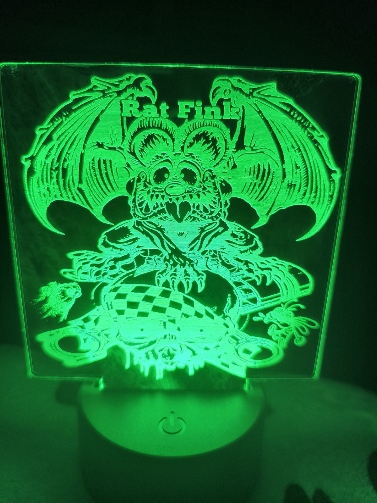 Rat Fink Gargoyle On Mechanical skull Custom Culture Art Acrylic Led Desk Lamp