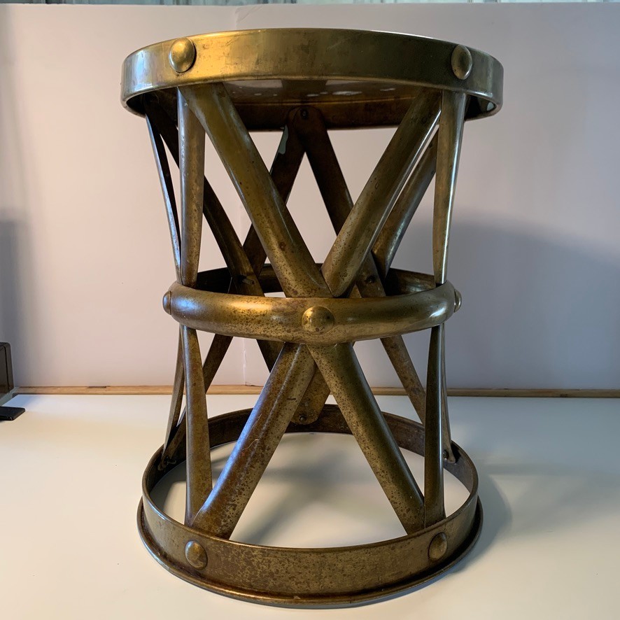 Vintage MCM Hollywood Regency Hammered Brass Lattice Drum Table Garden Stool