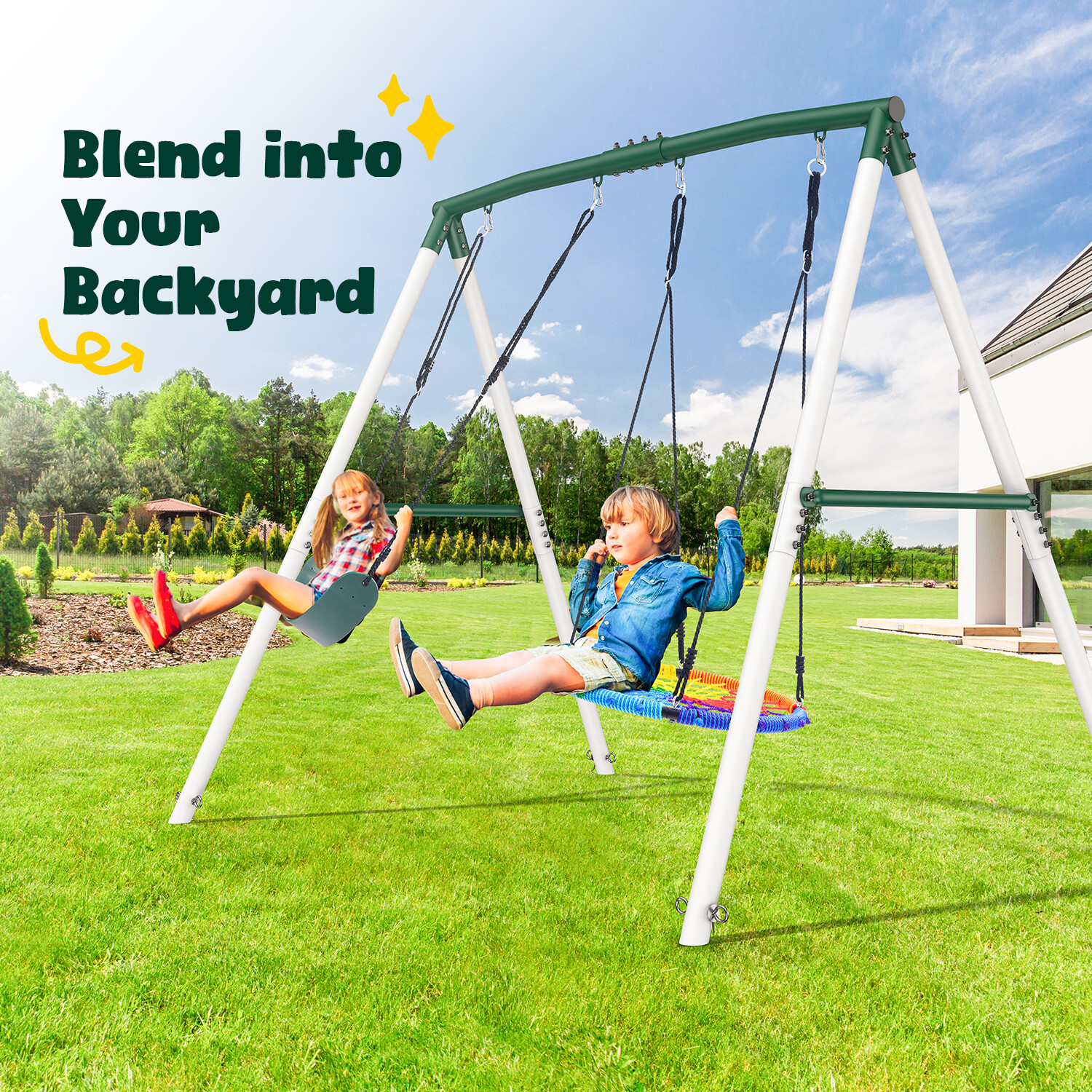 500lb 7.5ft Tall Heavy Duty Metal Swing Set for Kids Adult Backyard with 2 Swing