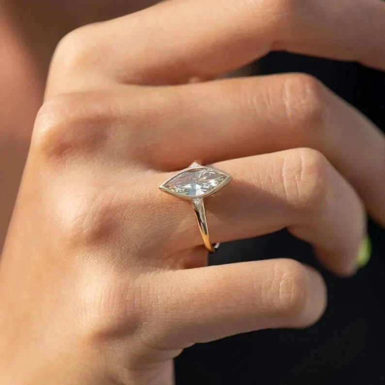 2.5Ct Marquise Lab Created Diamond Bezel Set 14K Yellow Gold FN Engagement Ring