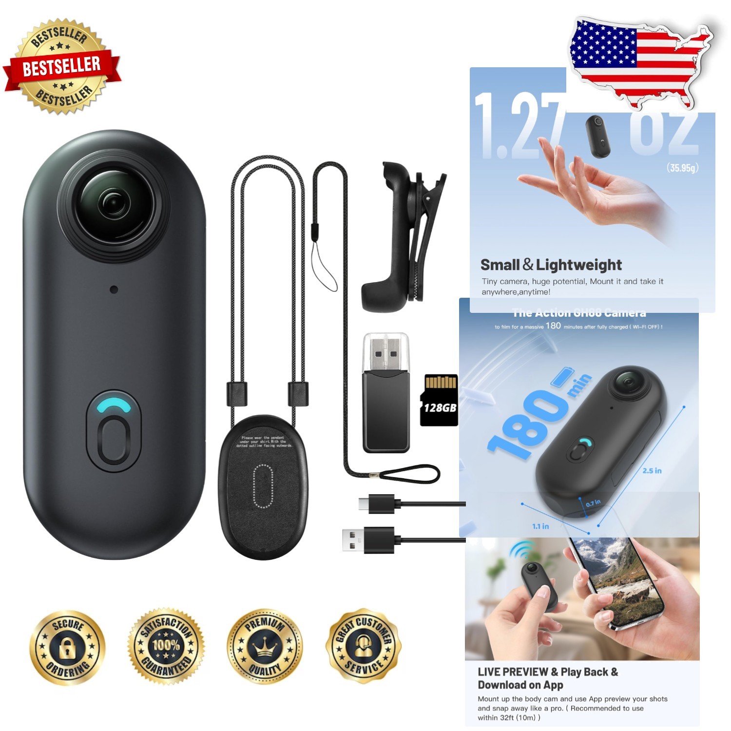 Hands-Free FHD 1080P Body Camera, Mini Thumb Size, Portable Camcorder, 128GB