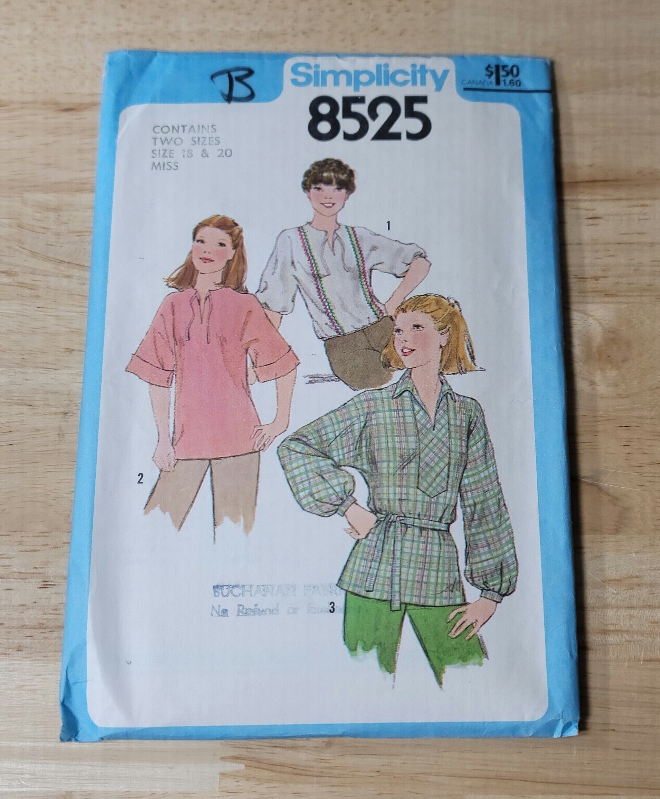 Simplicity Pattern MISSES PULLOVER TOP & BELT #8525 Size: 18/20 UNCUT ©1978