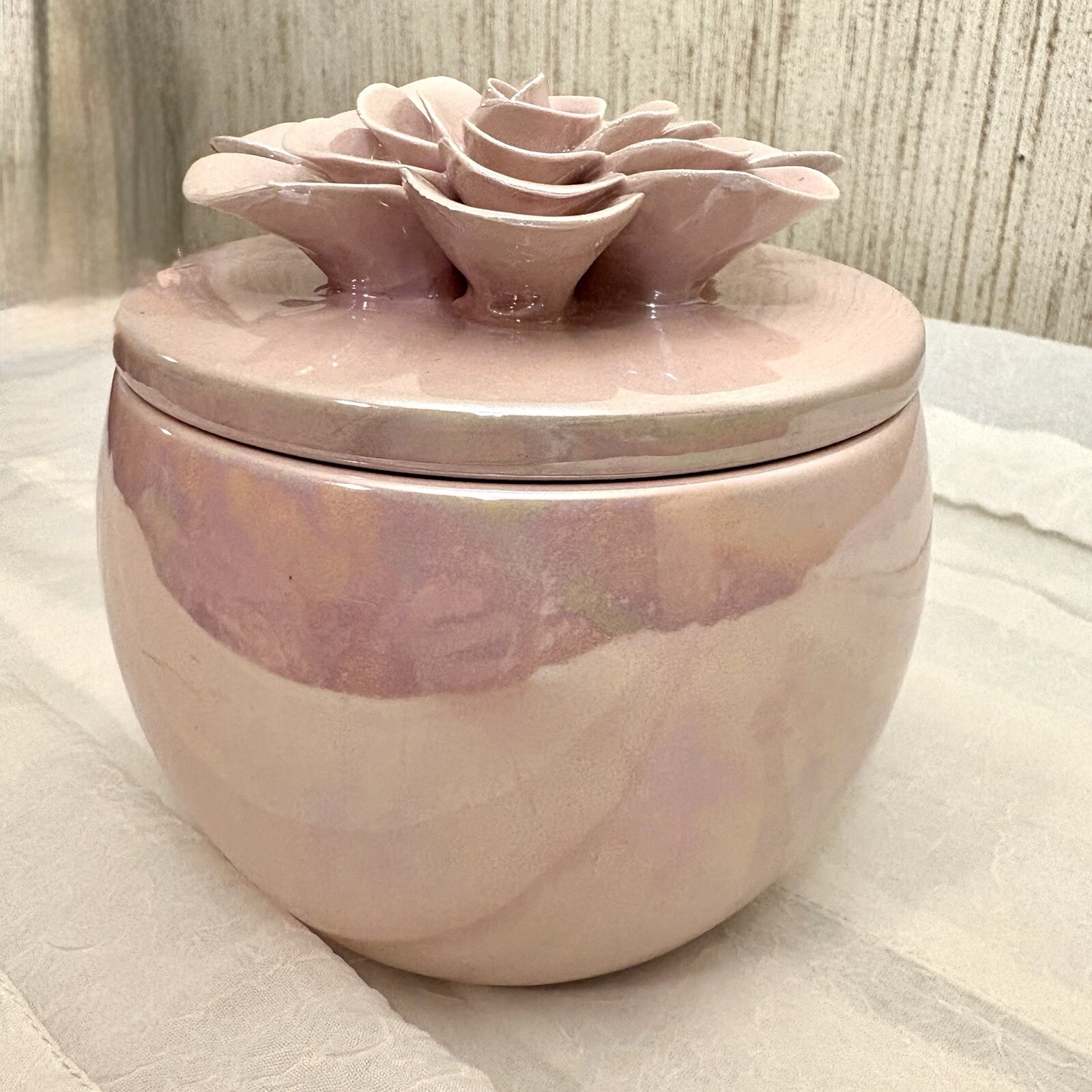 MG Studio Cherry Blossom Candle 2-Wick Iridescent Pink Ceramic Rose Bloom Holder