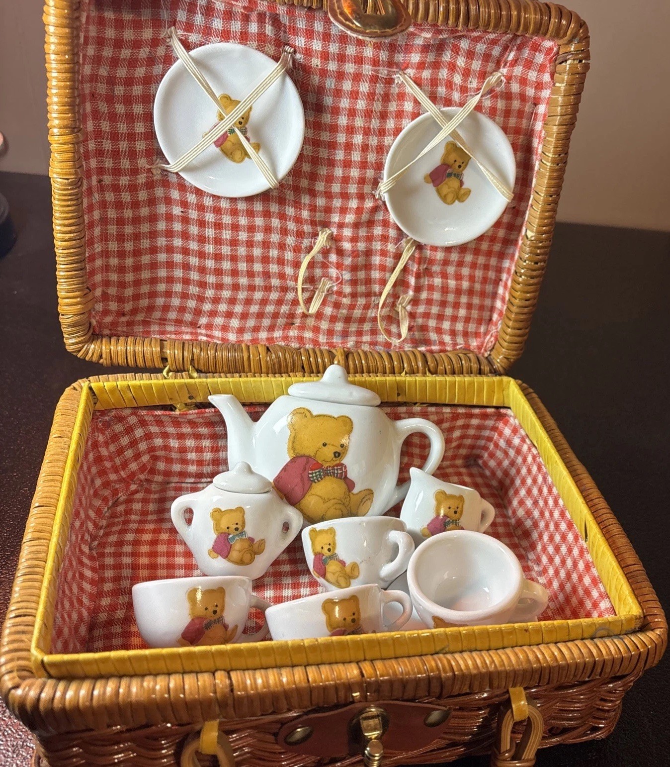 Vintage Porcelain Mini Tea Set With Wicker Basket