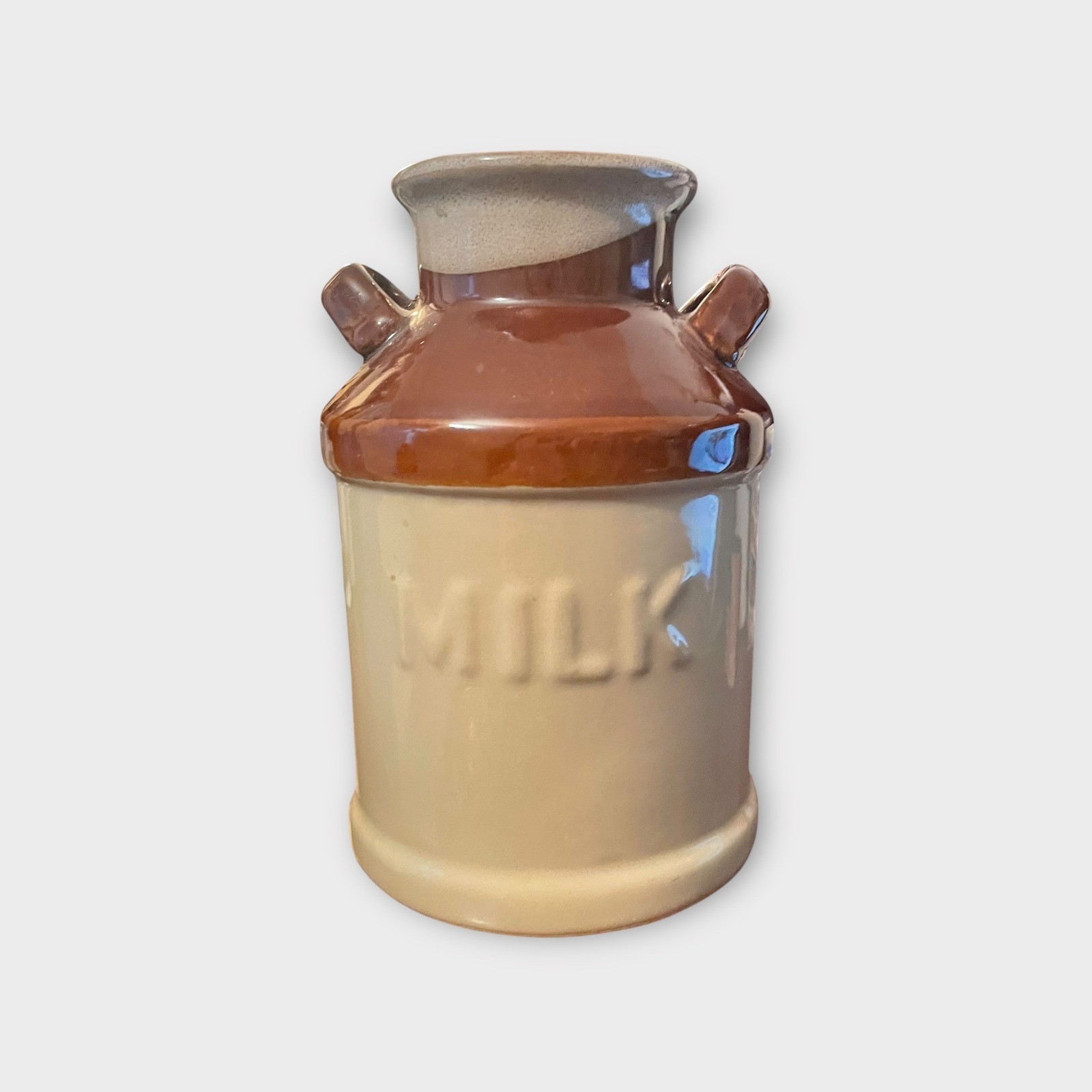Milk Jug Canister Vintage Farmhouse 7" Brown Two Tone Ceramic Decor Handle Retro