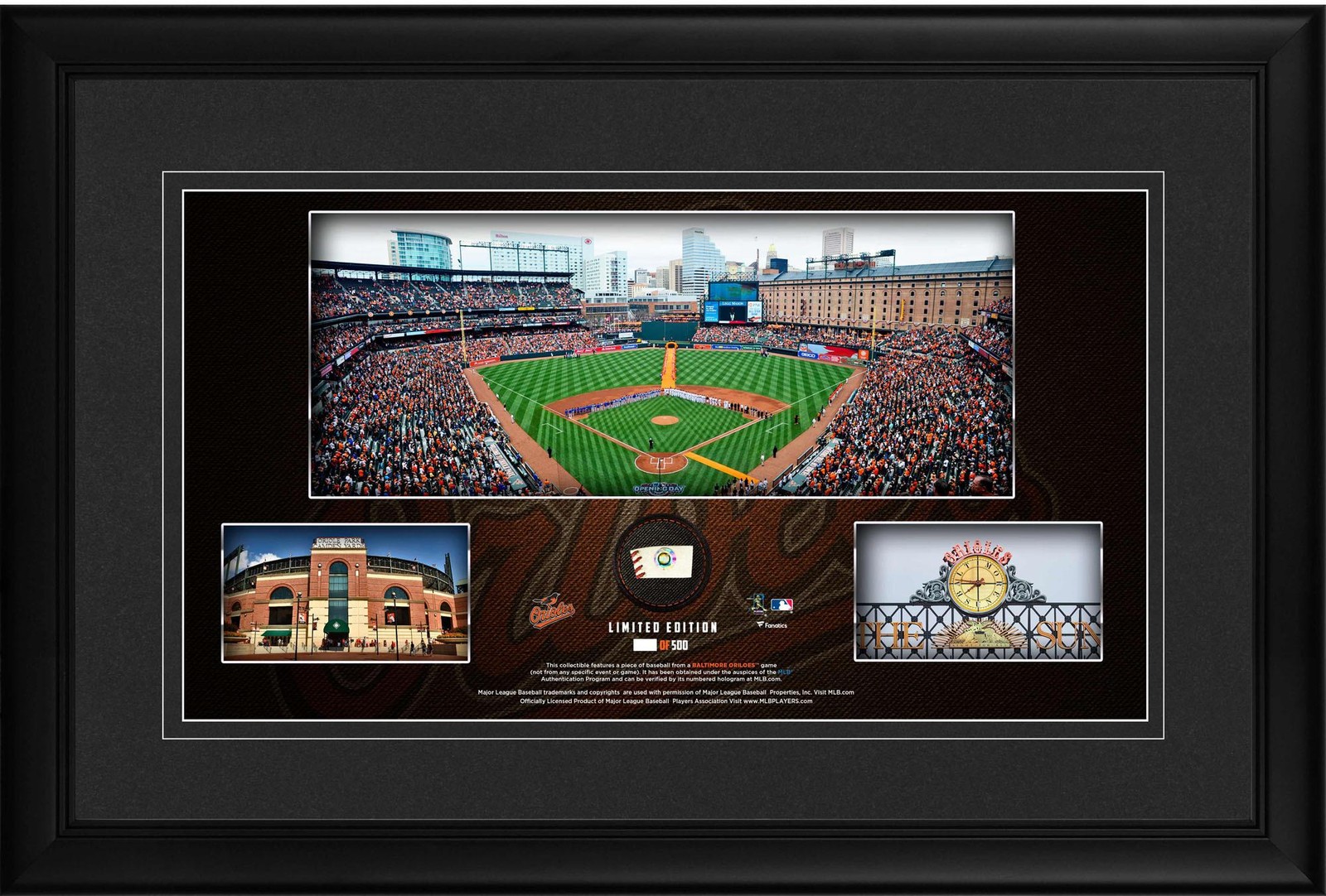 Baltimore Orioles Framed 10x18 Stadium Panoramic Collage & Piece of GU Baseball