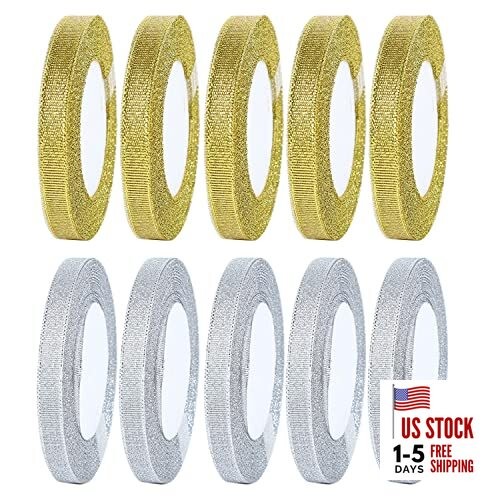  Glitter Ribbons Metallic Ribbons for Presents Gold and Silver, 0.39 Inch Wide