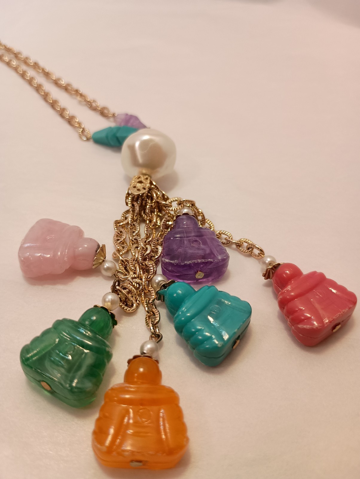 Buddha Multi Color Multi Buddaha Tassel Charm Necklace Happy Buddha 17" Tassel