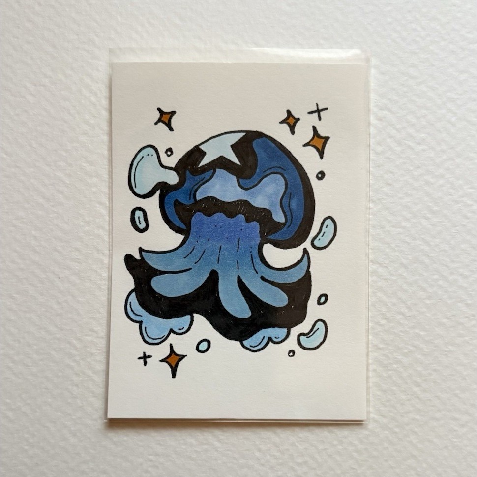ACEO Original Artwork, Blue Jellyfish, 2.5x3.5in