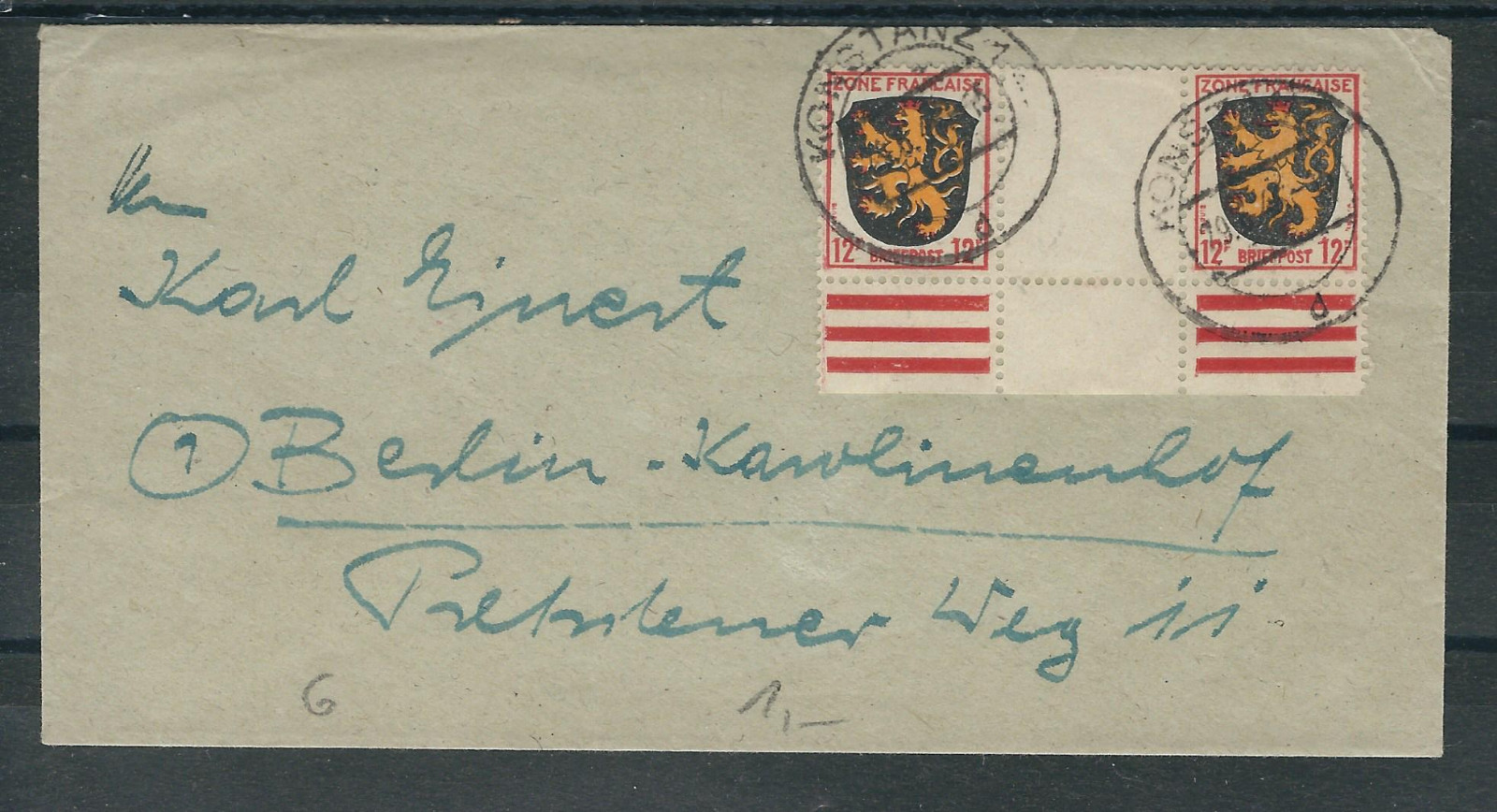 Ali.Bes. Franz. Zone Allgen. Issue Mi.No.6 with ZW from Konstanz 29.7.46