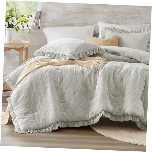  Ruffle Edge Comforter Set - Farmhouse All-Season 3 PCS King/Cal King Gray