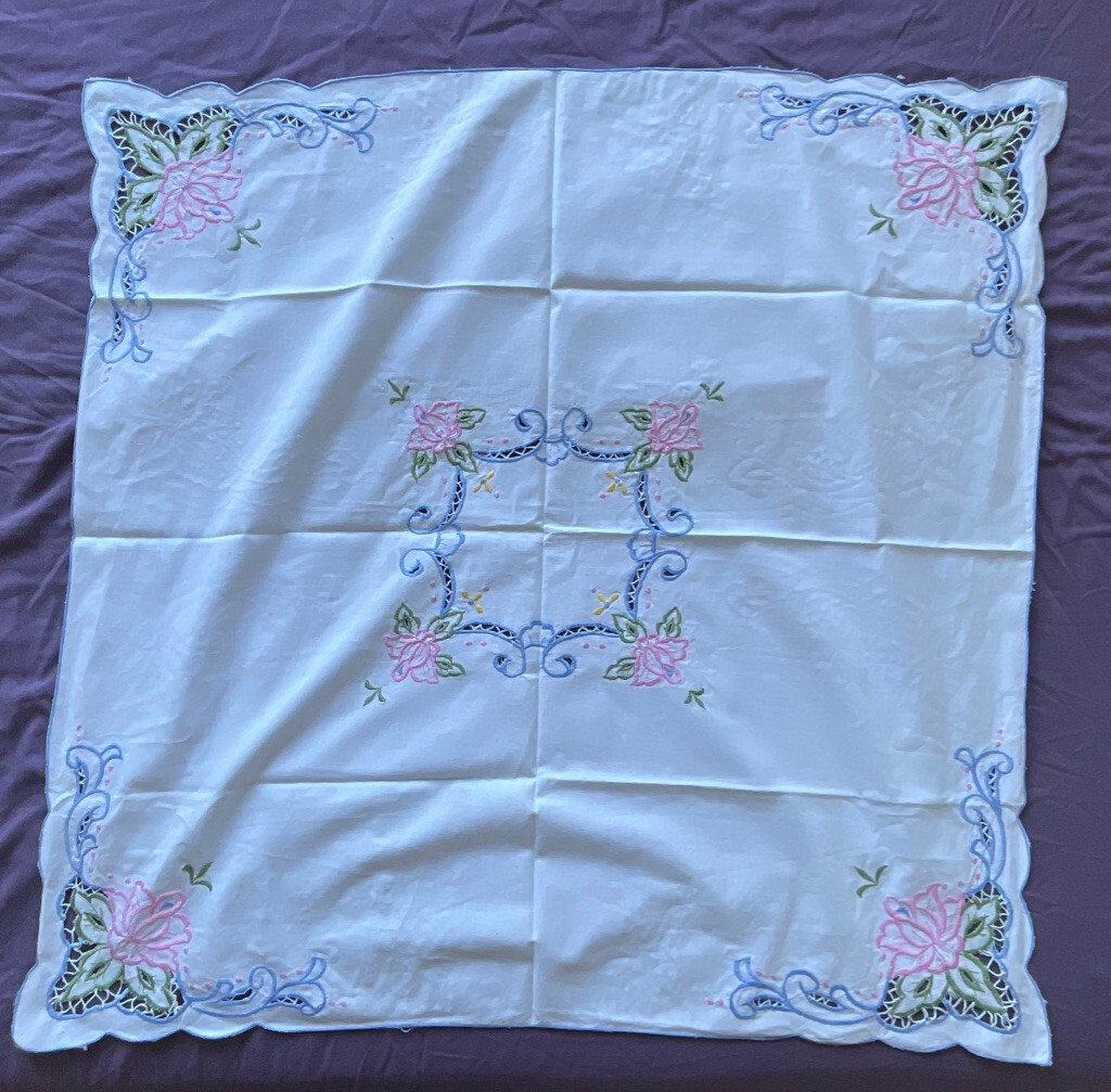 Vintage handmade embroidered tablecloth  33 1/2 inch square  Cottage core