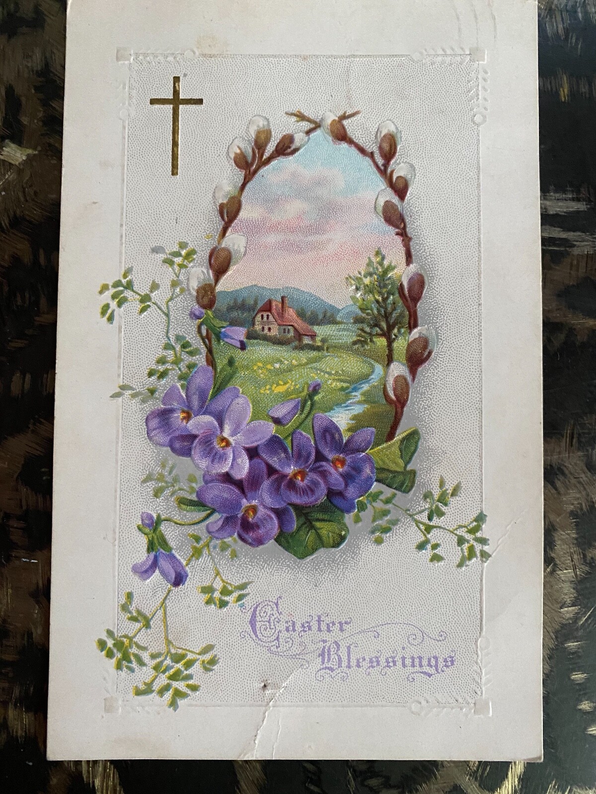 Vintage Easter Postcard Series 11 Pussy willows Violets Embossed Cross 
