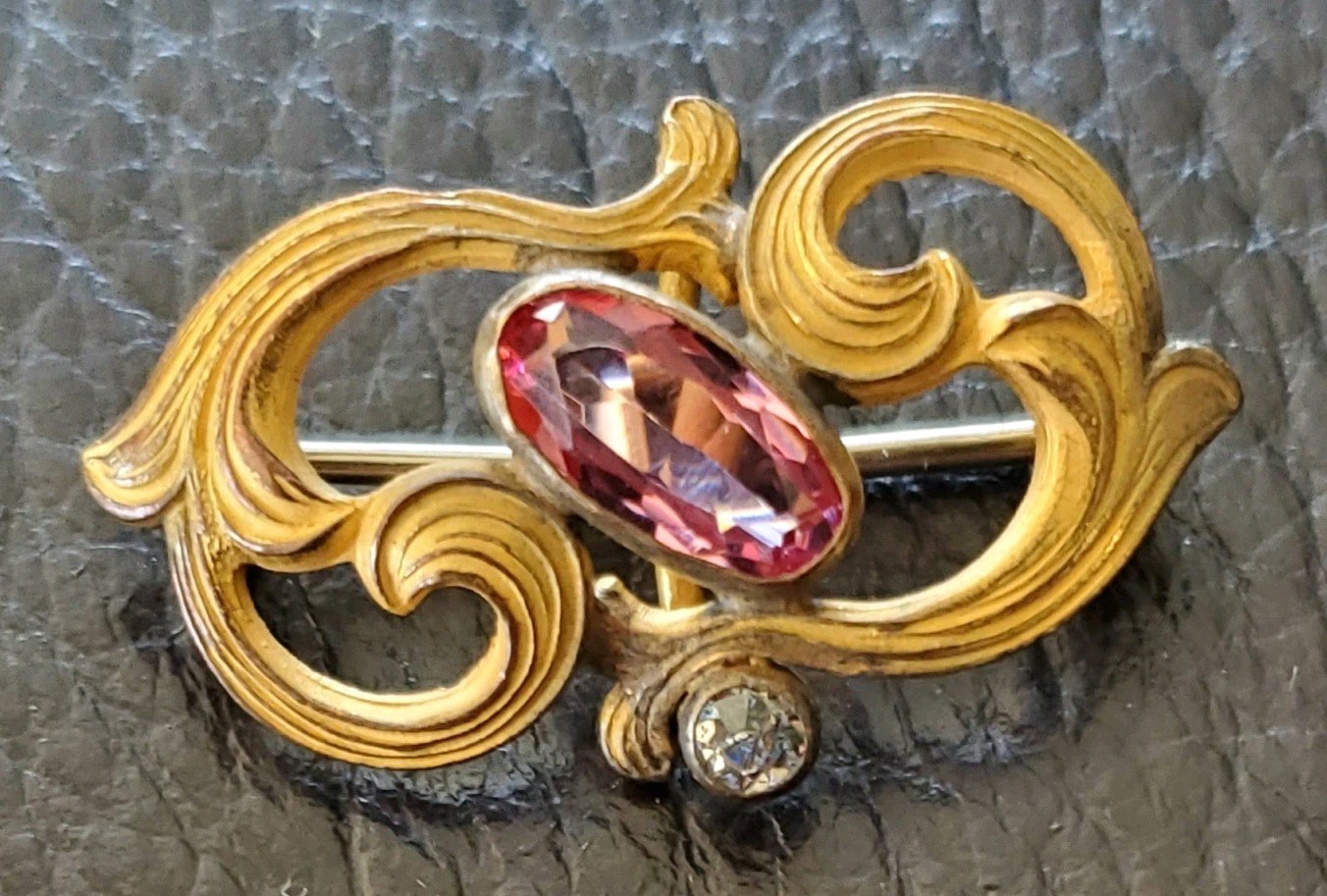 Antique Victorian Pink Paste Stone Brooch Gold Tone Scroll Design c1900