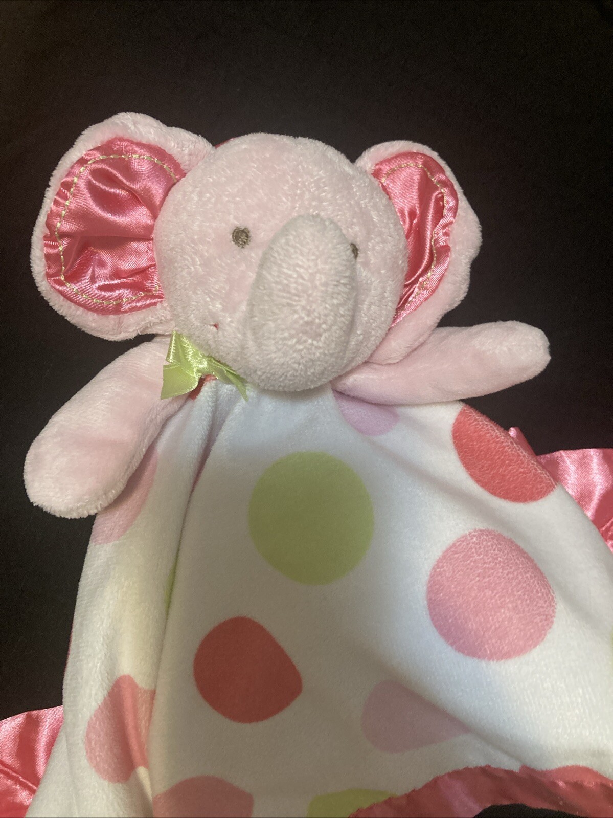 CARTERS Pink Elephant White Green Polka Dots Security Blanket Lovey Satin Rattle
