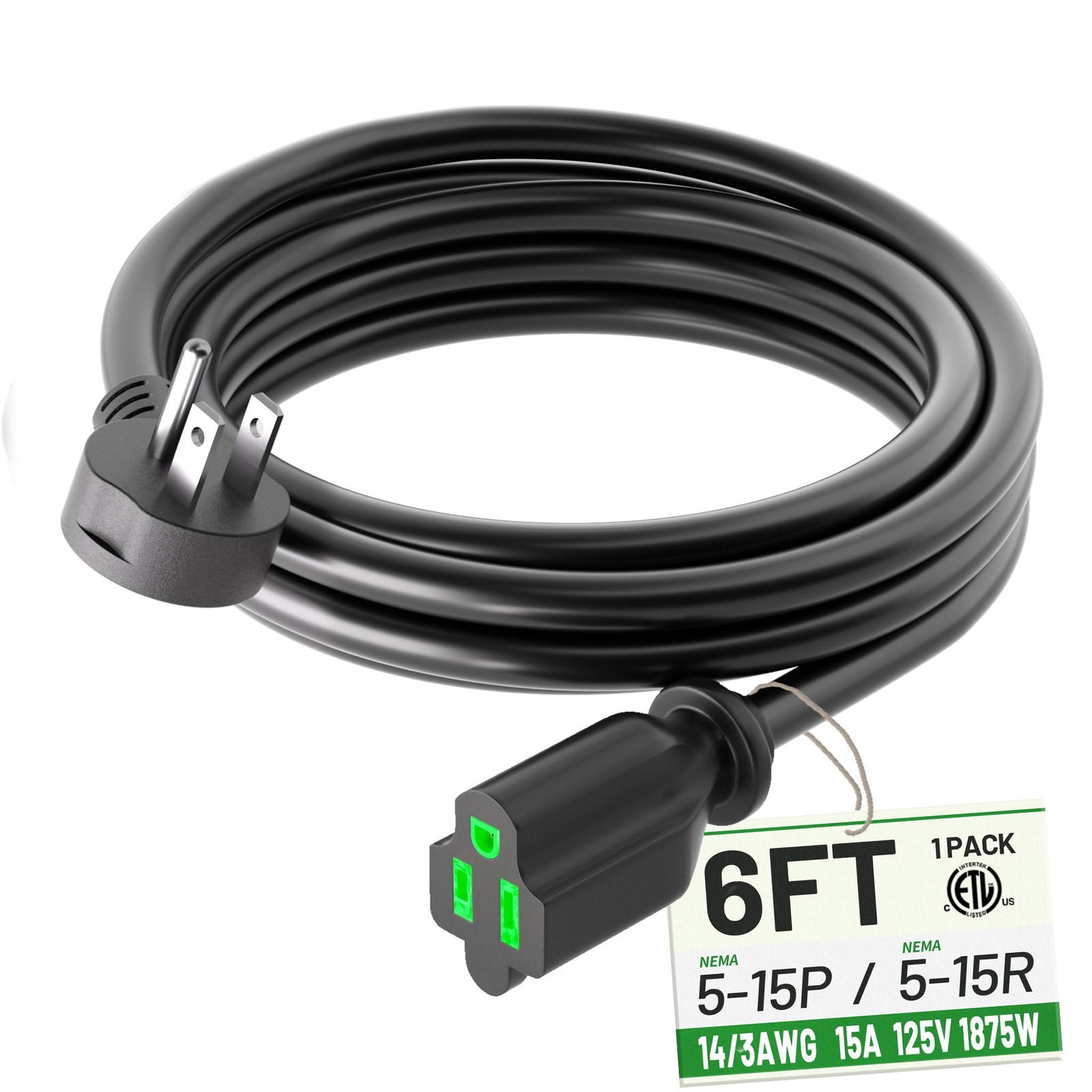 POWGRN 6ft Flat Plug Extension Cord 14/3 Gauge 15A 1875W 3 Prong Black