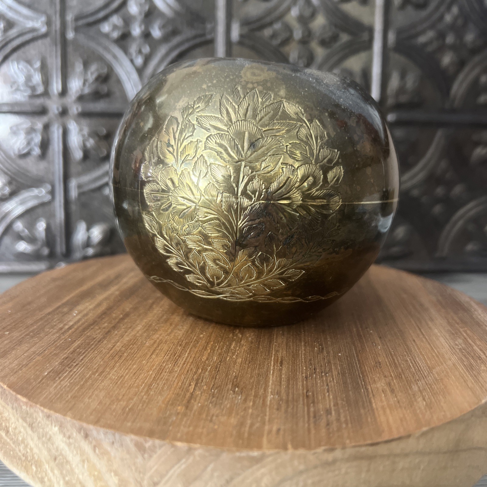 Vintage Brass Round Vase Bowl Pot Hand Etched Flower India 1976 Mark 4" 10 0z.