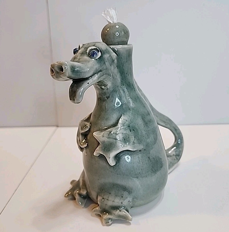 Glazed Stoneware Pottery Dragon Oil Lamp Signed By Artist 
