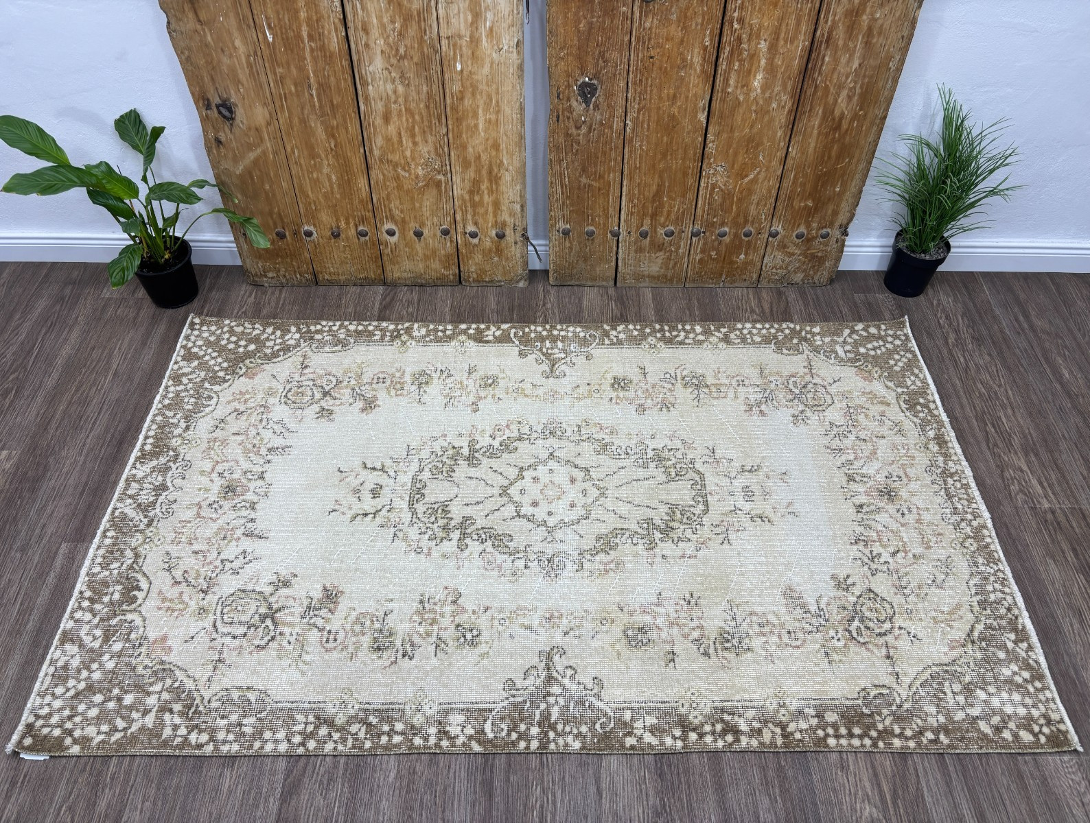 4x7 Vintage Neutral Turkish Area Rug, Beige Brown Oushak, Hand-Knotted Wool Rug