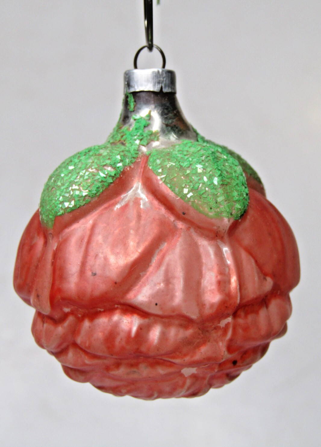 Vintage Glass Embossed ROSE Flower BUD Sugared Christmas Ornament Germany Peach