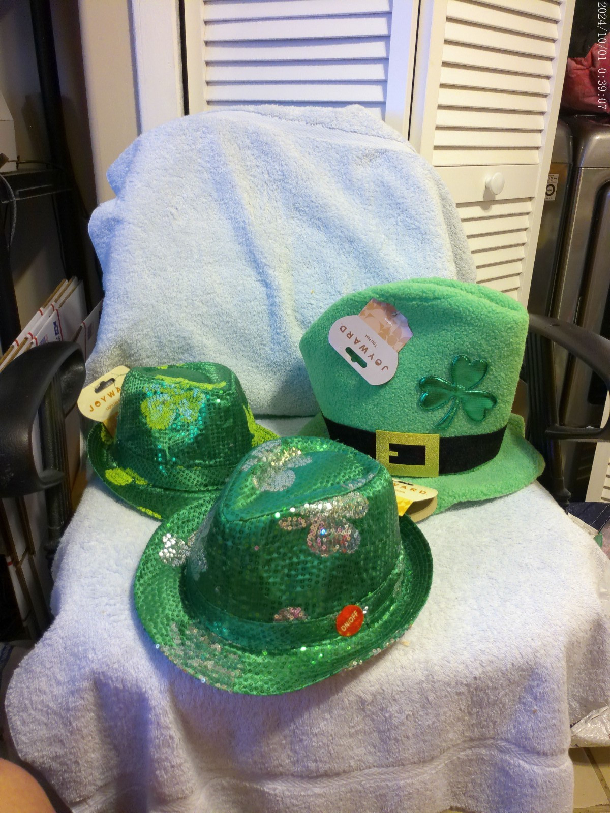 St. Patrick's Day 2 Light Up Sequin Shamrock Fedora Hats & 1 Large Shamrock Hat