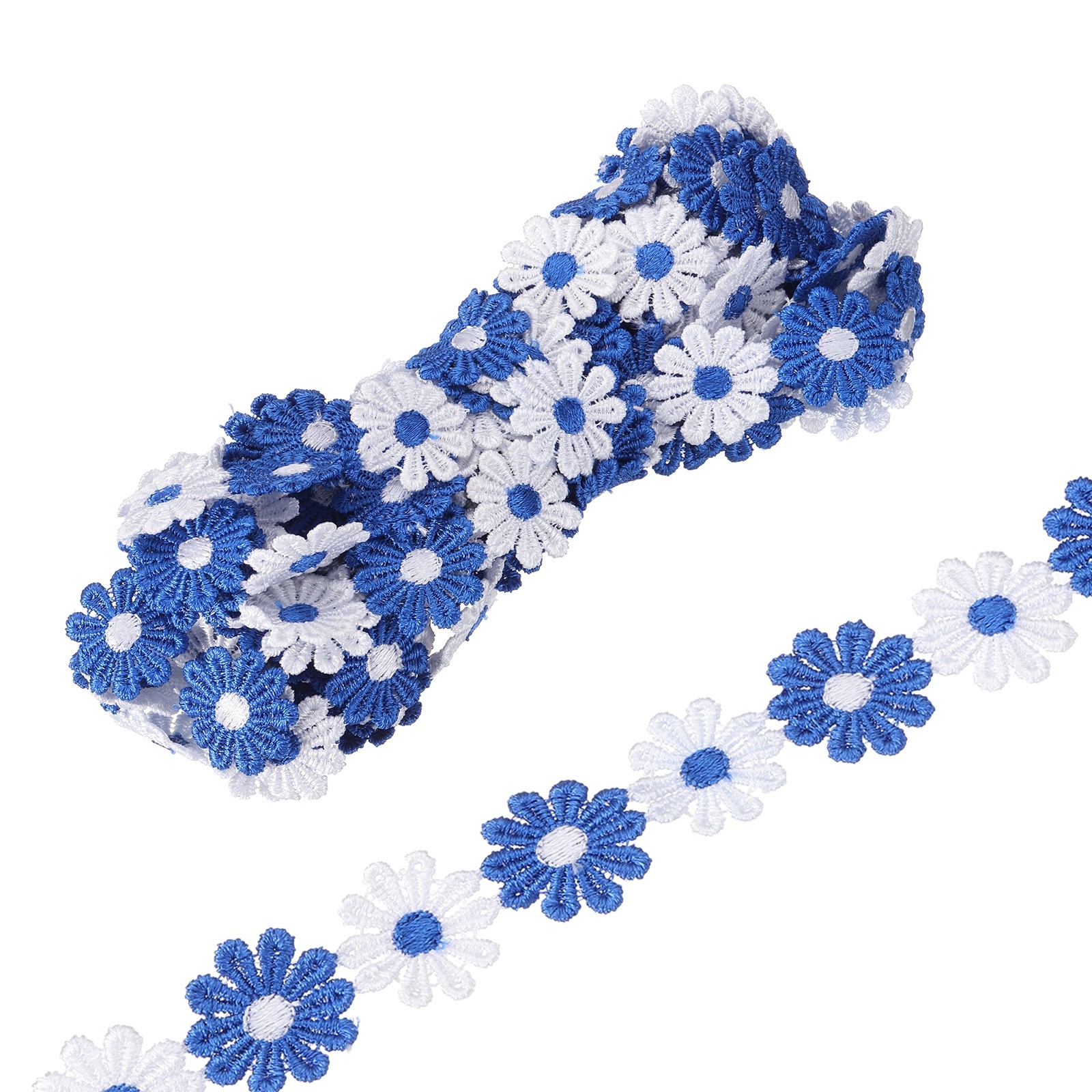 5 Yards 1 Inch Wide Delicate Floral Edge Lace Trim, Dark Blue-White