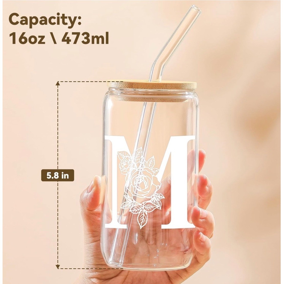 Glass Tumbler Can Cup Monogram M Rose Design Bamboo Lid Straw Reusable 16oz