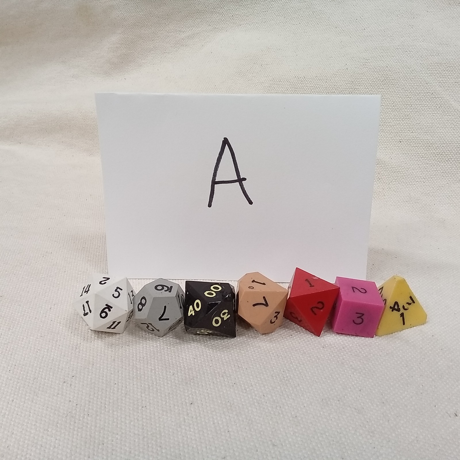 Gamescience dice, full set, assorted colors, inked in crayon, Lot A
