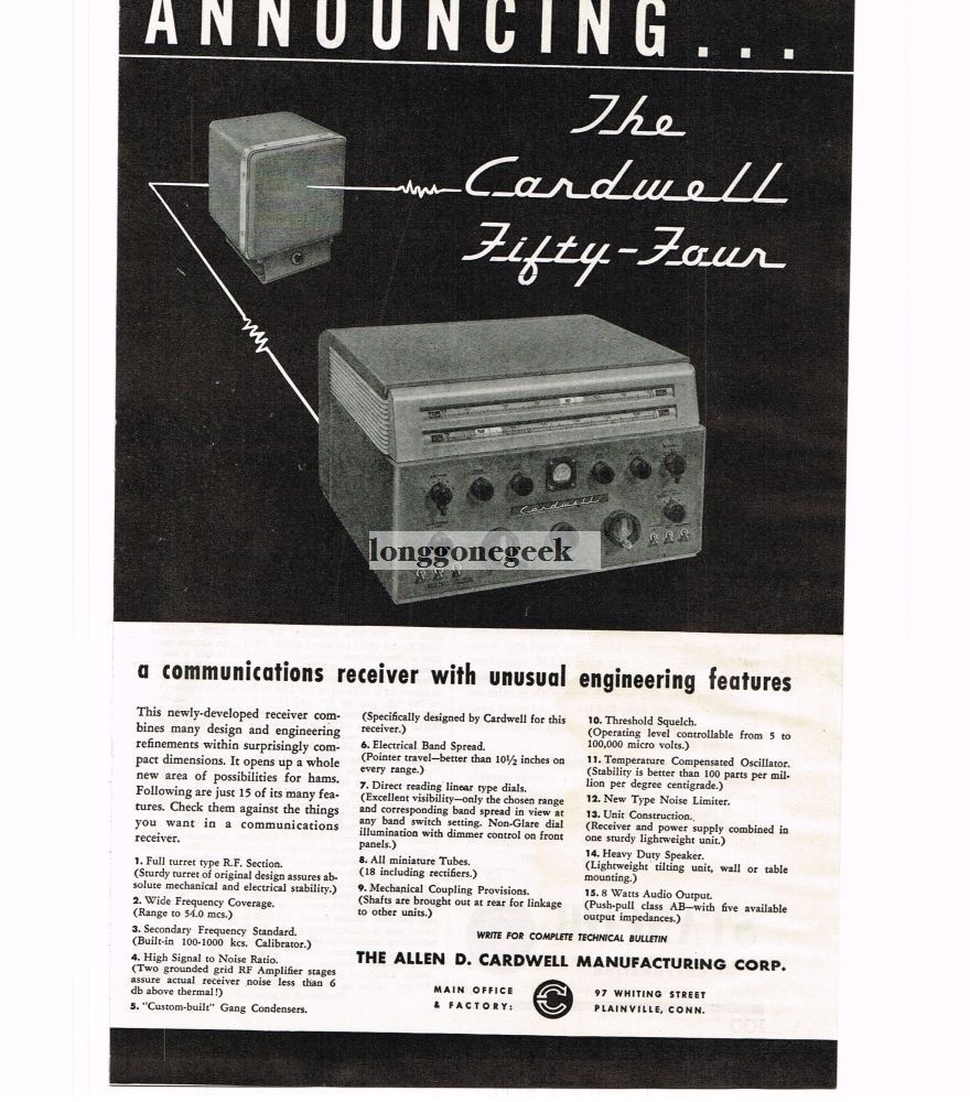 1946 Cardwell Fifty-Four Receiver Ham Shortwave Radio VINTAGE Print Ad