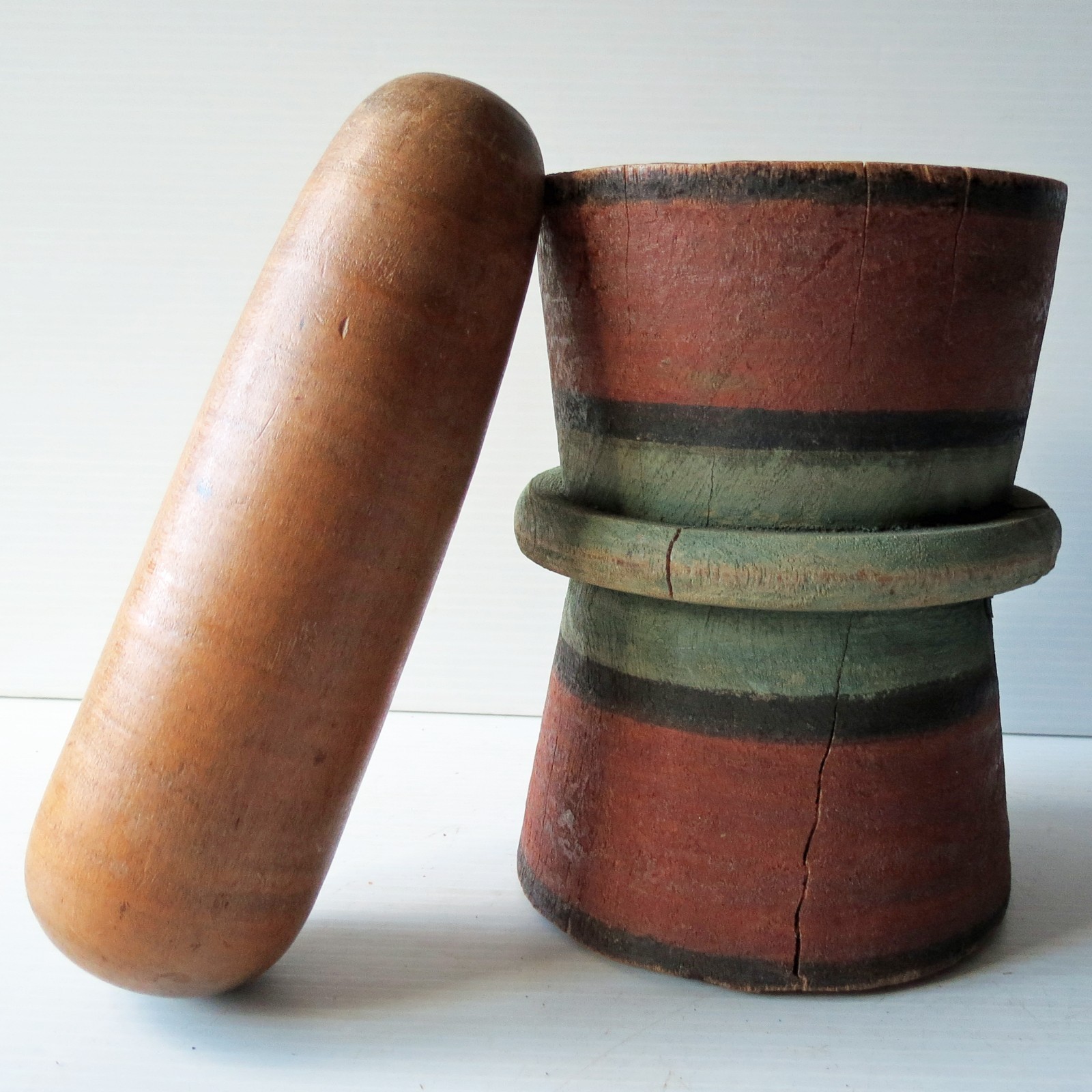 Antique Hand Turned MORTAR & PESTLE w/ Folk Art Paint 6 3/4"