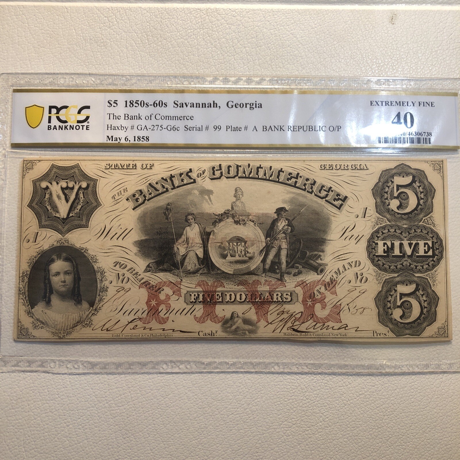 obsolete currency 1858 Savannah Georgia $5 Serial#99  Bank Of Commerce Pcgs Ef40