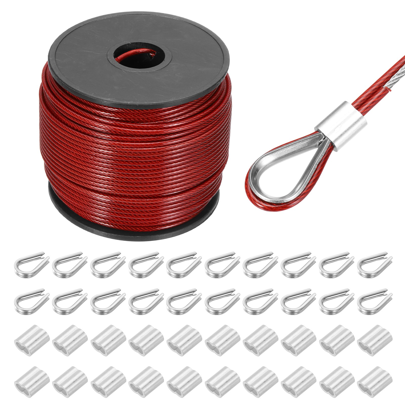 197Ft(60M) Wire Rope Stainless Steel Cable 1/12" 20pcs Sleeves & Thimble Red