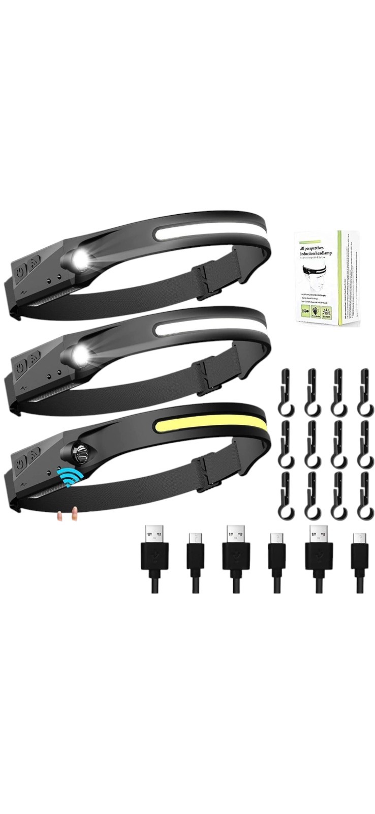 Lakumiqi - 3 Pack, Rechargeable Led Headlamp, Motion Sensor, 230 Wide Beam, 350L