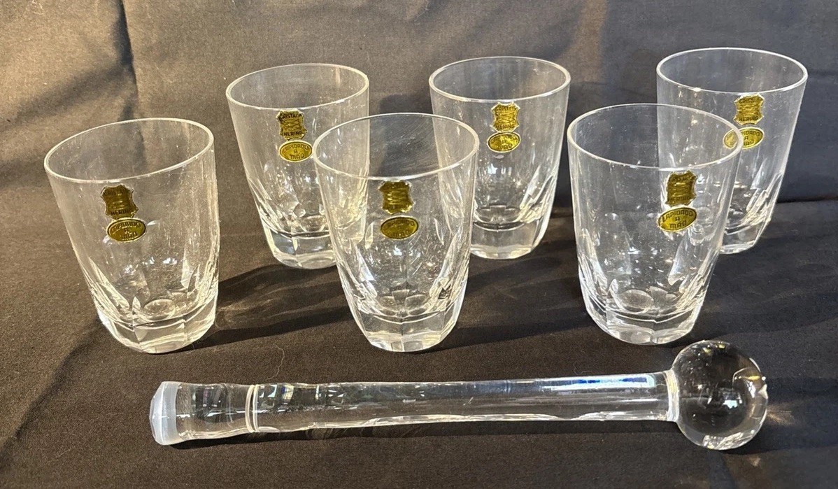 Vtg 7pc Crystals Hering Lapidado 4 Oz Low Ball Juice Glasses & Cocktail Stirring