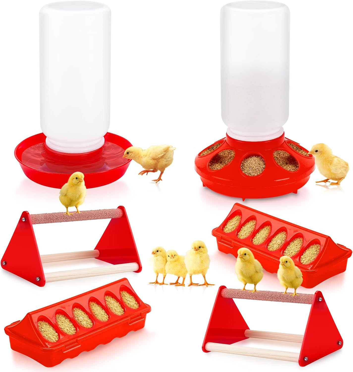 Chicken Feeder and Waterer Set, Chick Starter Kit with Chick Perch