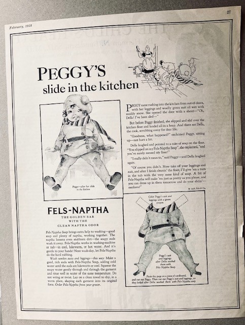 Vintage Advertising FELS-NAPTHA PEGGY/SLIDE Paper Doll page uncut February 1928