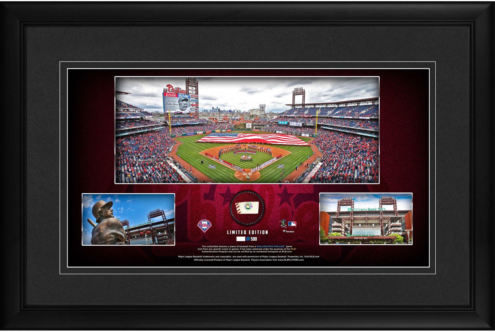 Philadelphia Phillies Framed 10x18 Stadium Pano Collage & Piece of GU Baseball