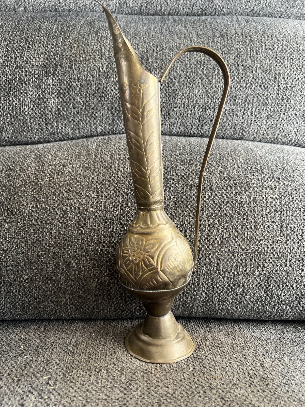 11” Vintage  Brass Cup Holder Vase Wine Glass Floral Etched