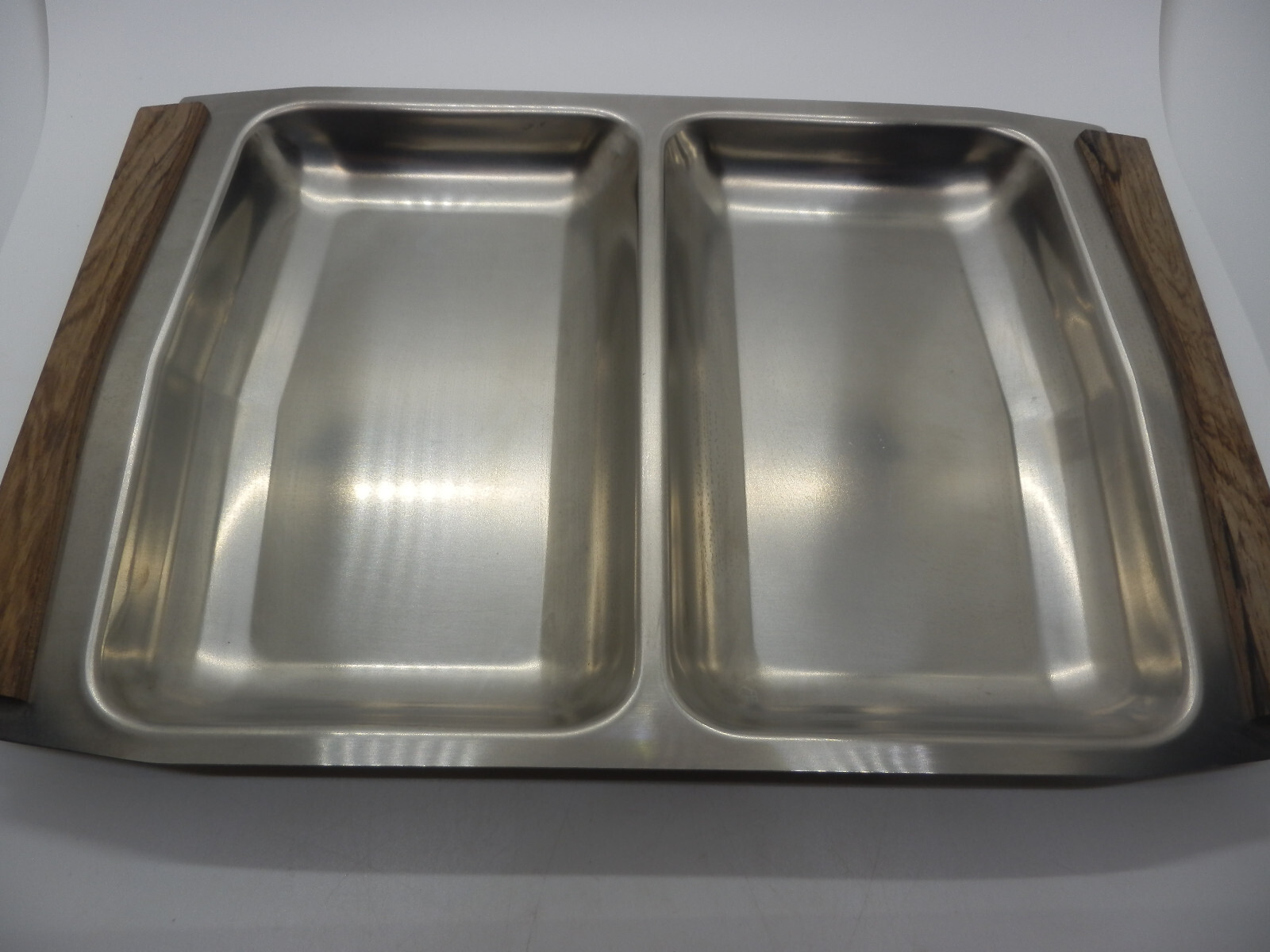 Vintage SCANLI Denmark MCM Stainless Steel & Wood Divided Serving Tray