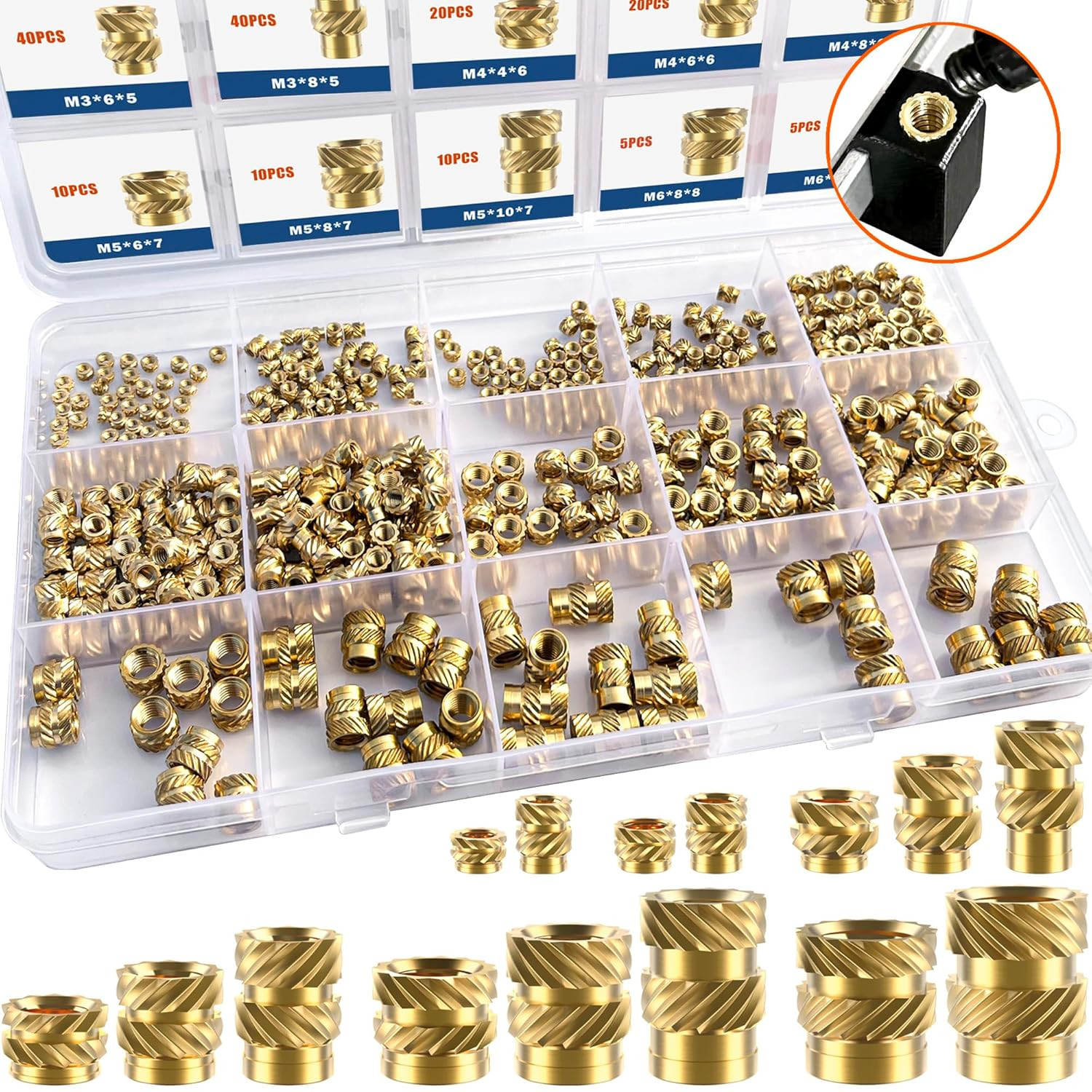 400Pcs Threaded Inserts, M2 M2.5 M3 M4 M5 M6 Female Thread Metric Knurled Nuts A