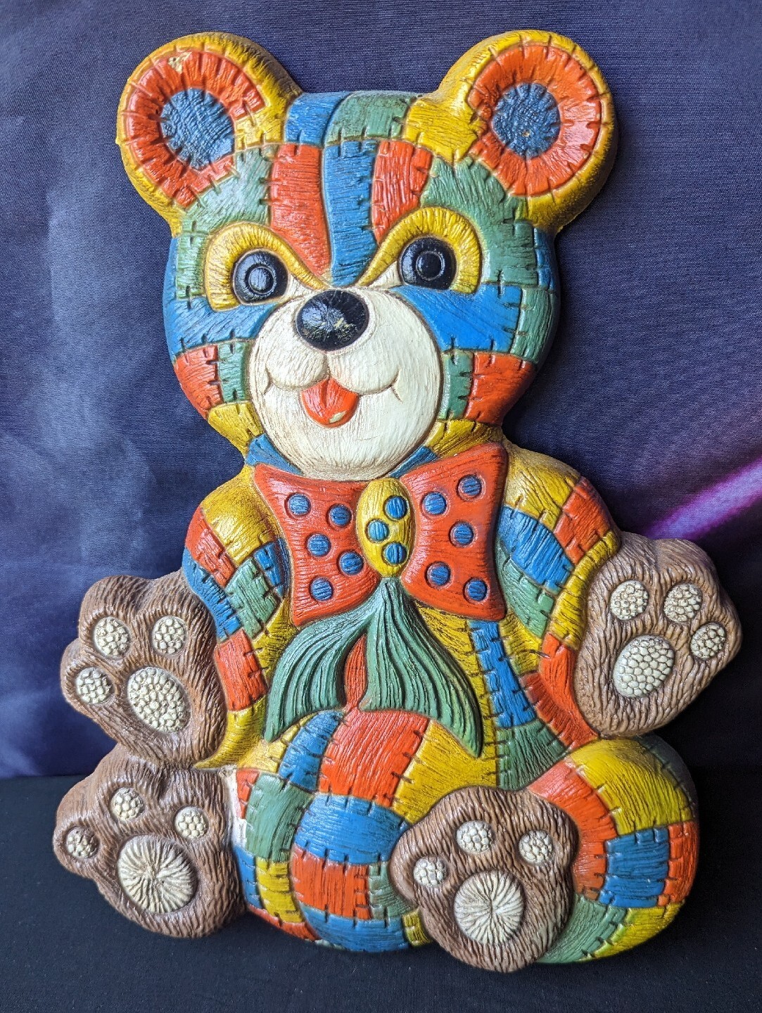 Vintage Foam Craft 1979 Multi Color Patchwork Quilted Teddy Bear Wall Hang 12.5"