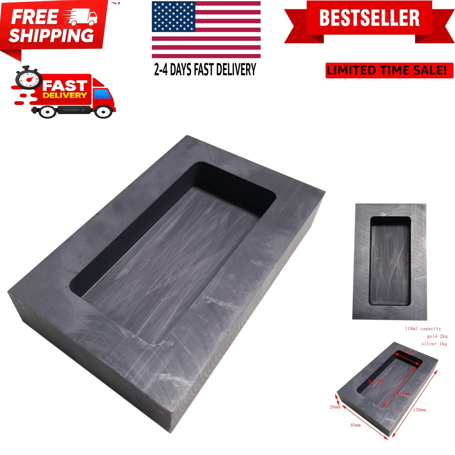 Gold Silver Graphite Ingot Mold Mould Crucible for Melting Casting Refining 2...