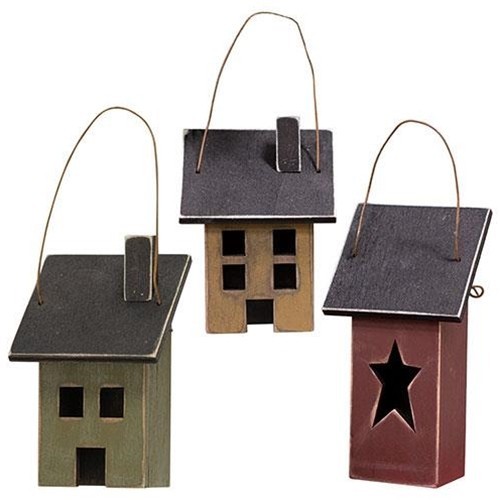 NEW Primitive HOUSES 3pcs Ornaments WOOD Red Green Mustard Black RUSTIC Aged