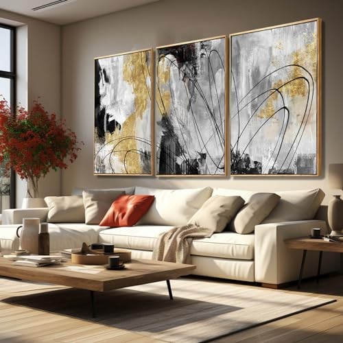  Wall Art Abstract Wall Art Living Room Decor Black and 24"x36" (3 Pieces) Gold