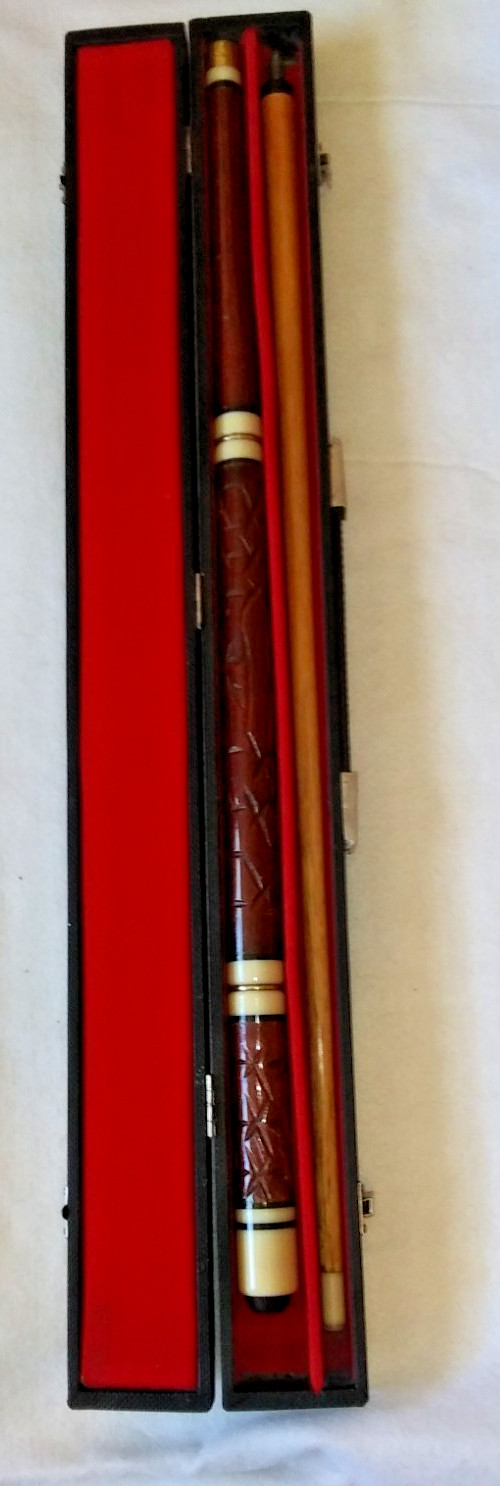 Billiard Pool Cue Stick 2 Piece Case Carved Wood Tiki Brass