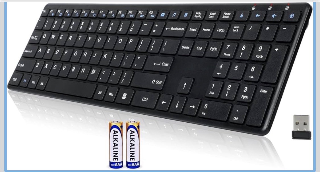 Slim Wireless Full Size Keyboard, USB Receiver, Multimedia Keys, Black