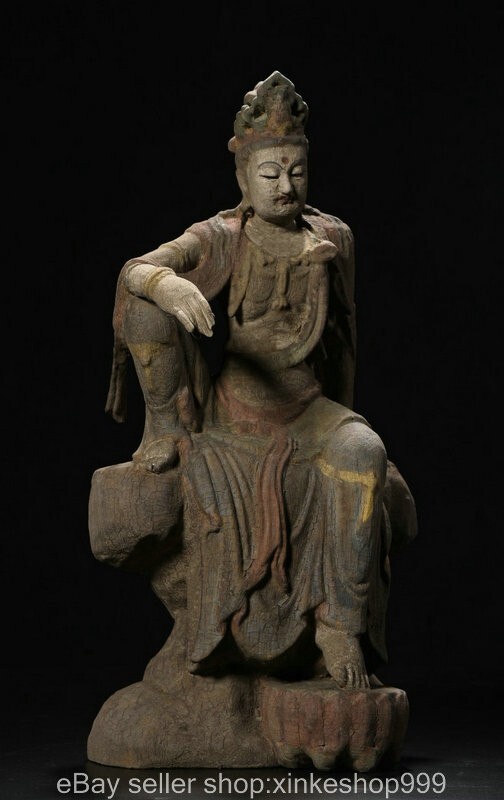 14" Old Chinese dynasty Wood Carving Free Kwan-yin Guanyin Sculpture statue