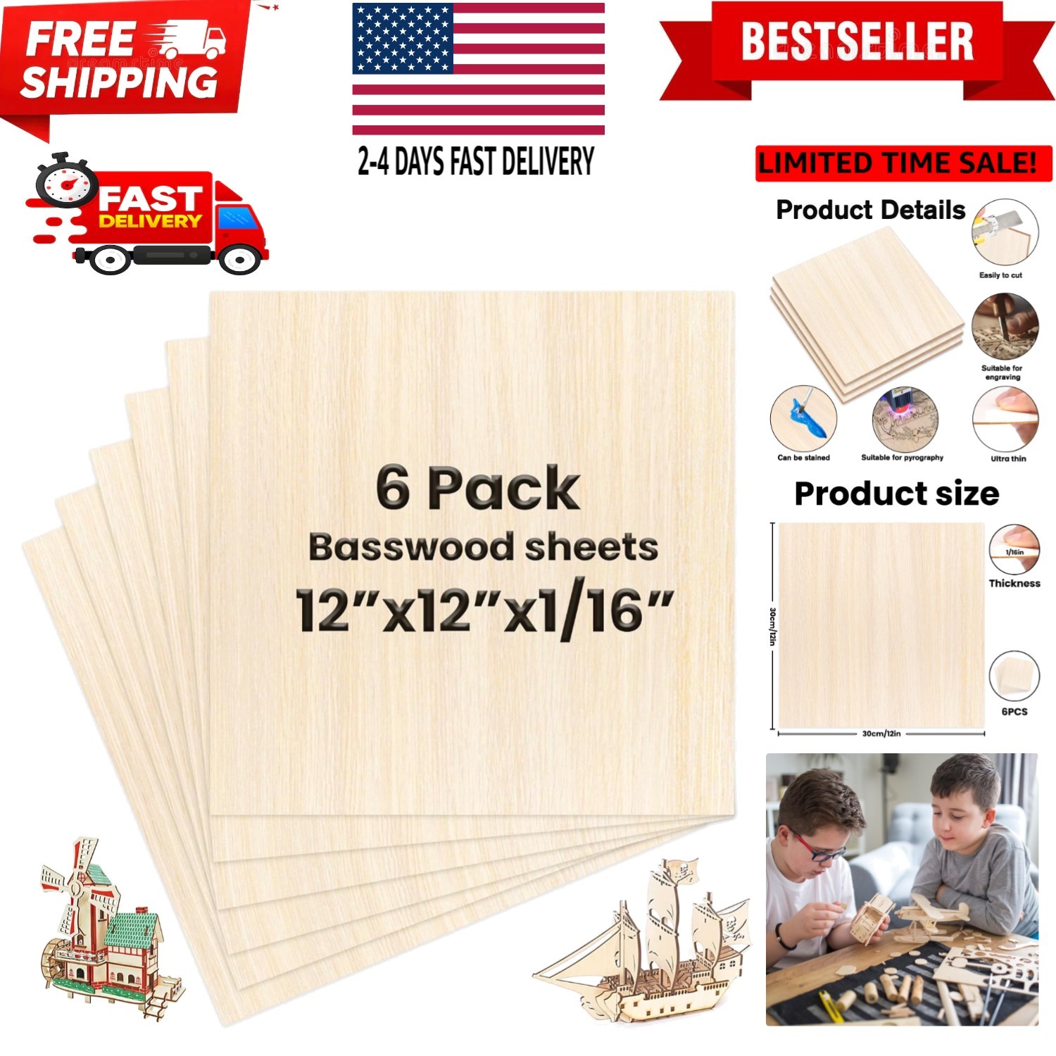 6 Pack Basswood Sheets 12 x 12 x 1/16 Inch Thin Wooden Sheet Unfinished Woode...