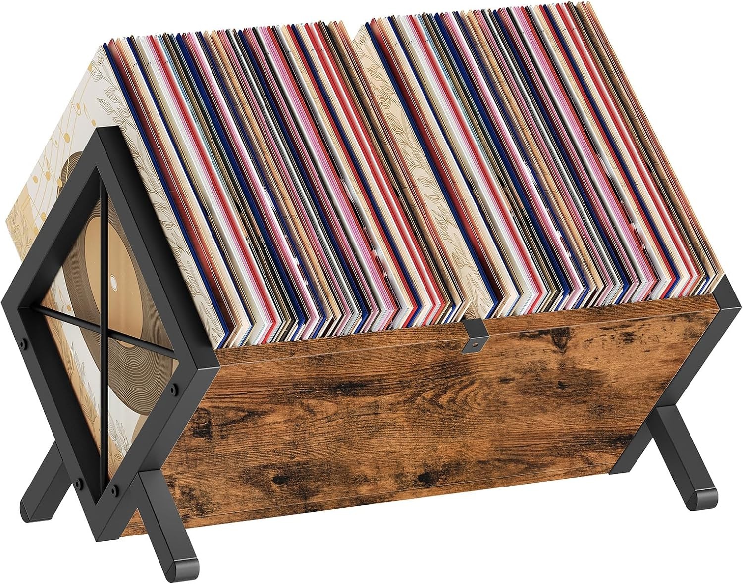 Vinyl Record Holder, Record Storage Rack Holds 80-100 LP，Wooden and Metal Reco