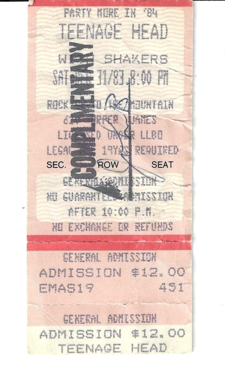 TICKET STUB TEENAGE HEAD WITH THE SHAKERS "PARTY MORE IN '84" DEC 31ST 1983